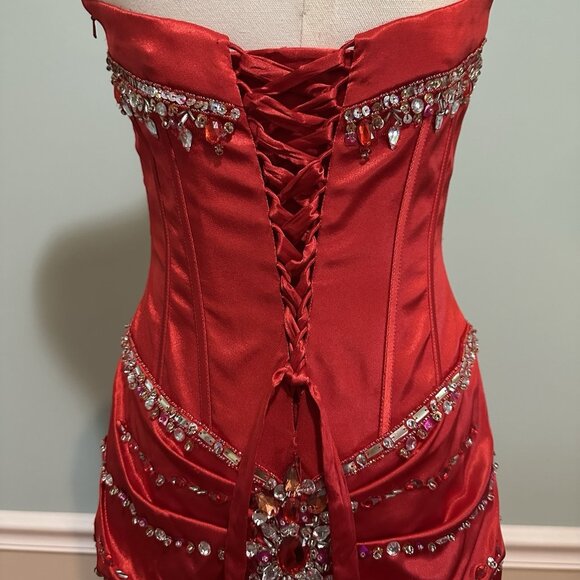 Women 6 Long Red Satin Beaded Formal Dress Evening Gown Strapless Glam Prom Gala - Picture 7 of 14